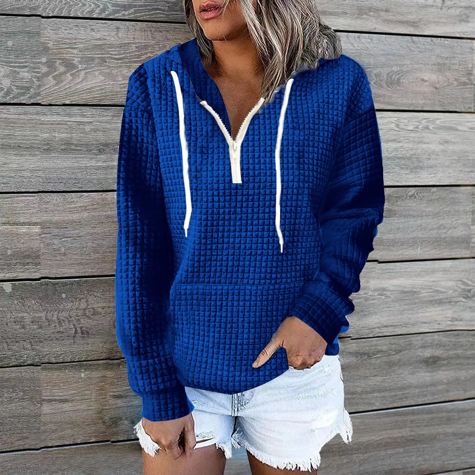 Women's Black Waffle Hoodie with White Zipper - Image 6