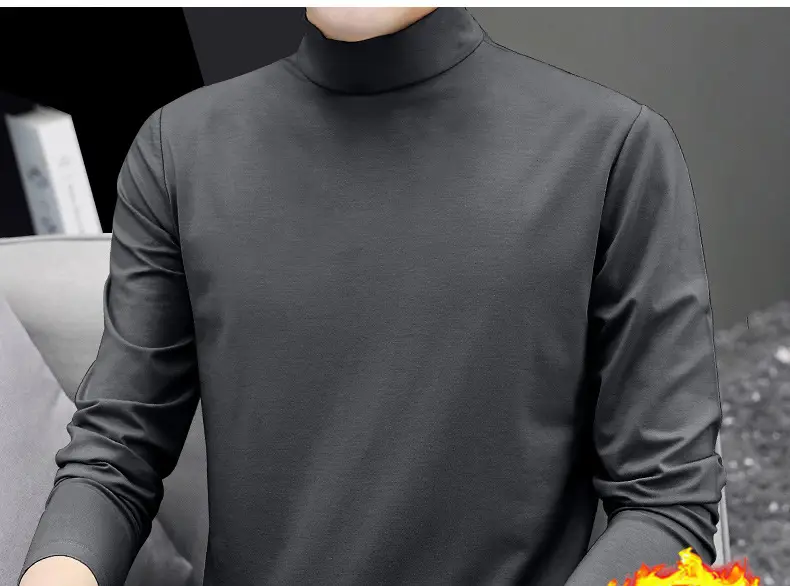 Men Fleece Lined Turtleneck Top Black Slim Fit — feature 1