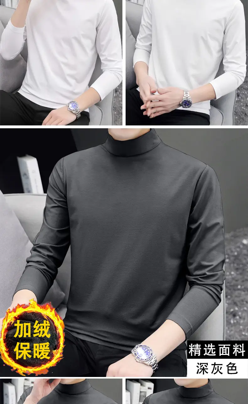 Men Fleece Lined Turtleneck Top Black Slim Fit — feature 13