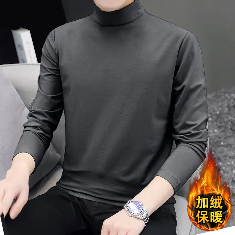 Men Fleece Lined Turtleneck Top Black Slim Fit - Image 3