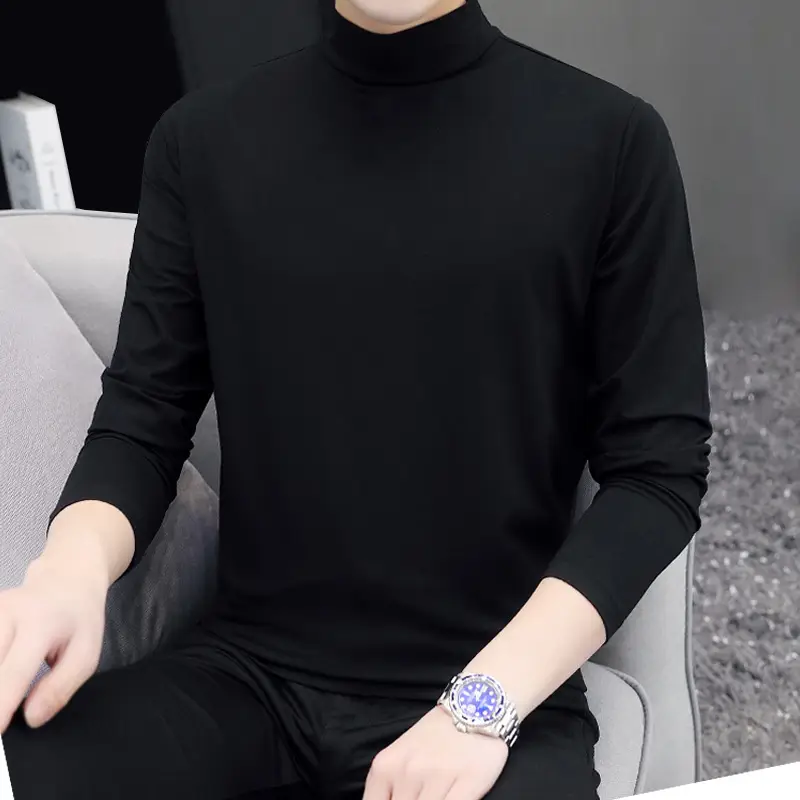 Men Fleece Lined Turtleneck Top Black Slim Fit - Image 6