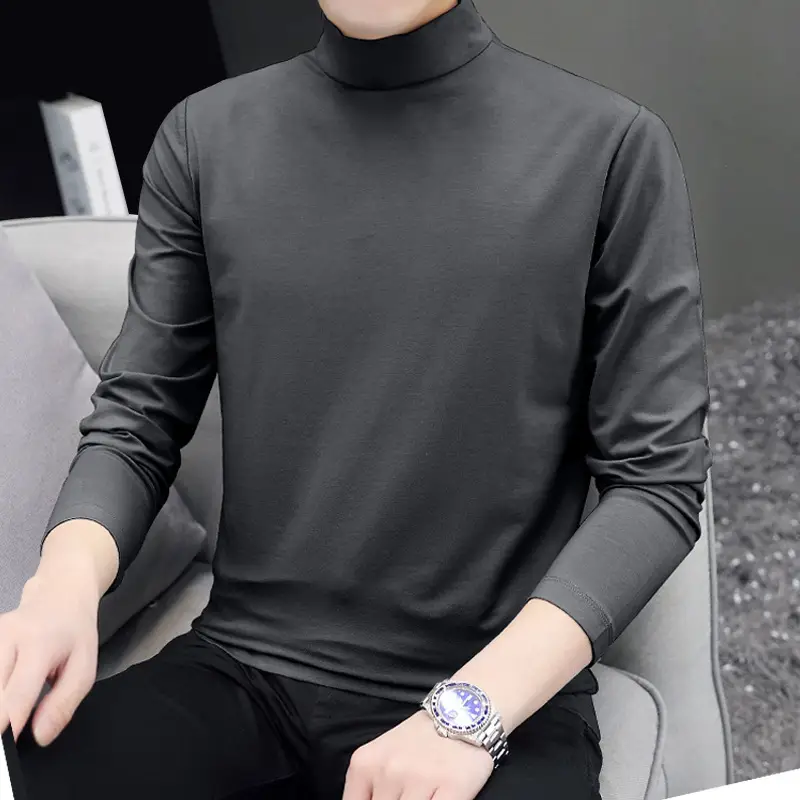 Men Fleece Lined Turtleneck Top Black Slim Fit - Image 8