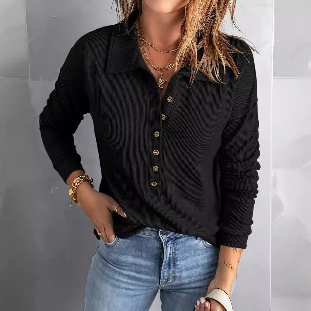 Cross-Border Autumn and Winter New Solid Color Women's Knitwear Single-Breasted Lapel Long-Sleeved Loose Casual Base Shirt
