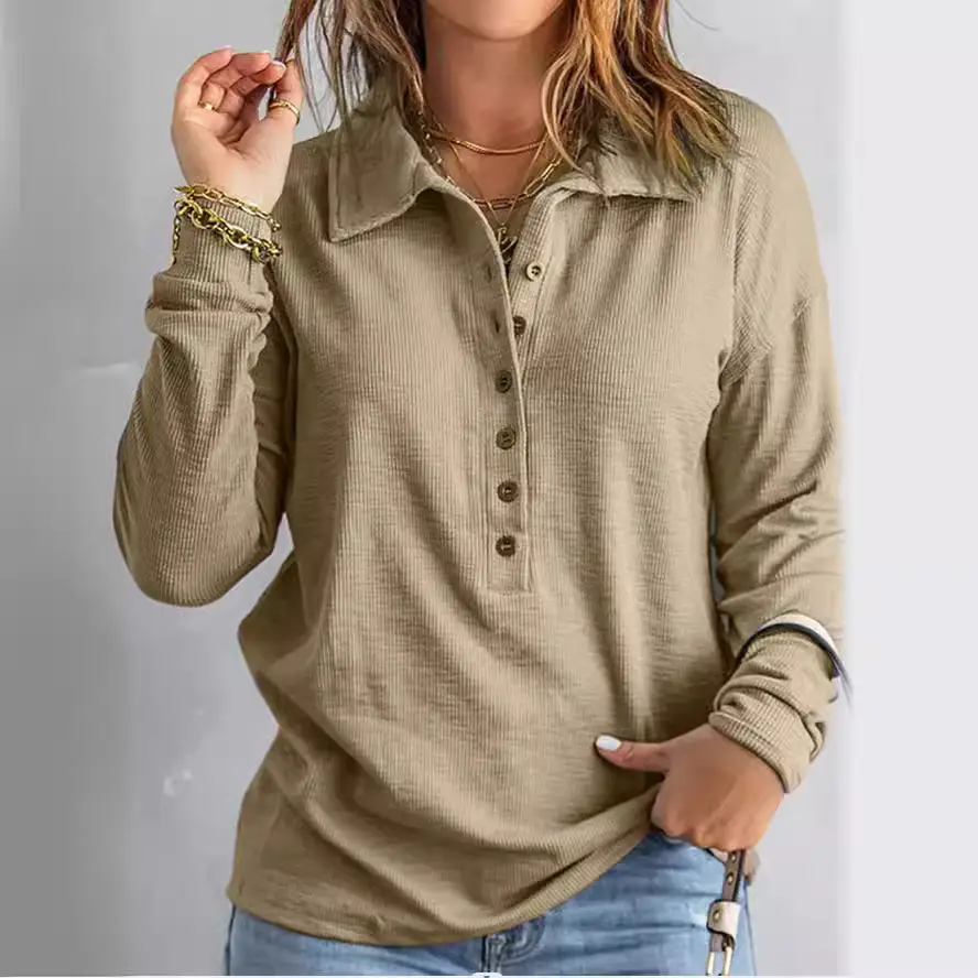 Cross-Border Autumn and Winter New Solid Color Women's Knitwear Single-Breasted Lapel Long-Sleeved Loose Casual Base Shirt