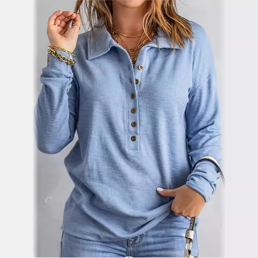 Cross-Border Autumn and Winter New Solid Color Women's Knitwear Single-Breasted Lapel Long-Sleeved Loose Casual Base Shirt