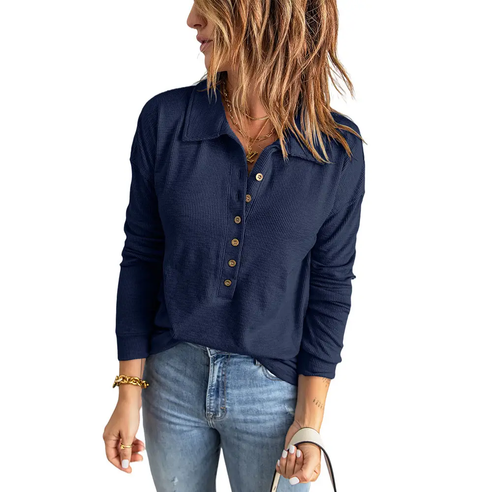 Cross-Border Autumn and Winter New Solid Color Women's Knitwear Single-Breasted Lapel Long-Sleeved Loose Casual Base Shirt