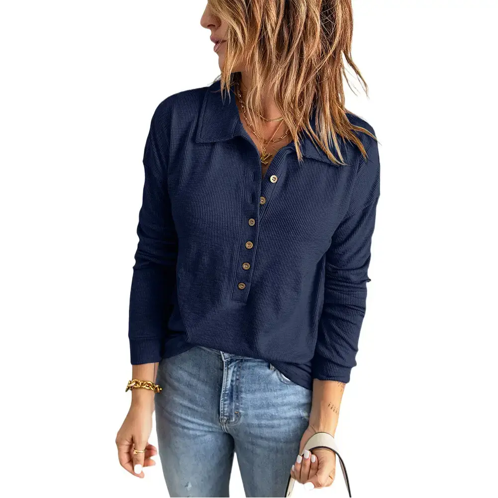 Cross-Border Autumn and Winter New Solid Color Women's Knitwear Single-Breasted Lapel Long-Sleeved Loose Casual Base Shirt