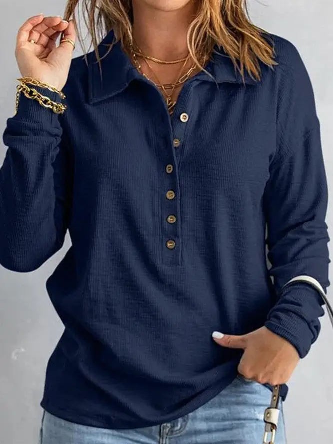 Cross-Border Autumn and Winter New Solid Color Women's Knitwear Single-Breasted Lapel Long-Sleeved Loose Casual Base Shirt