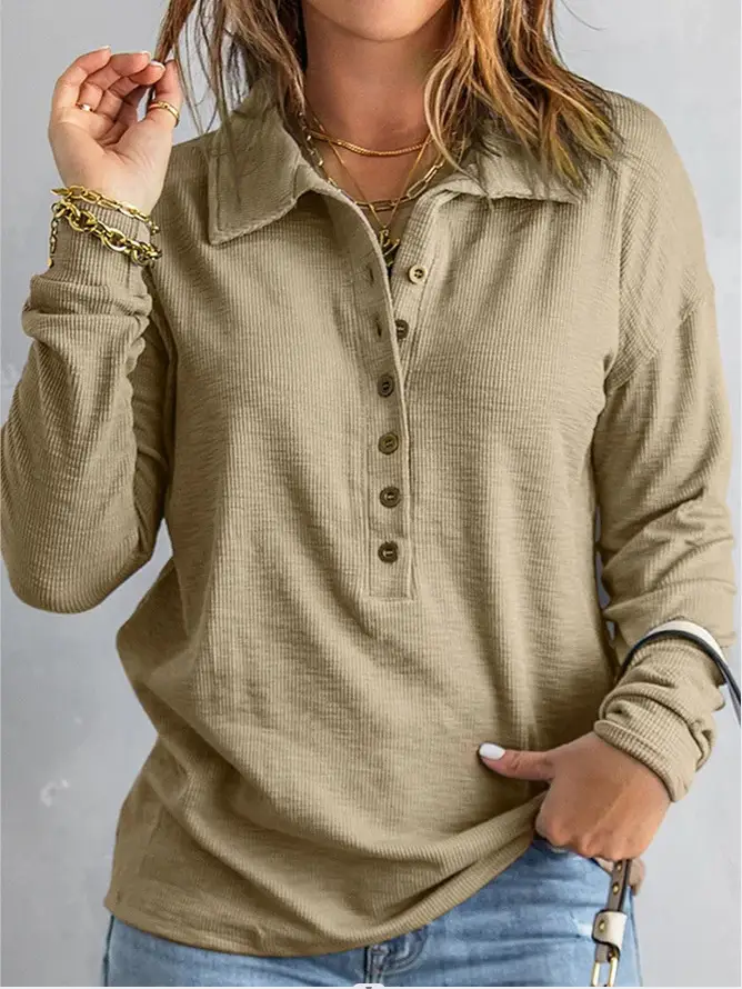 Cross-Border Autumn and Winter New Solid Color Women's Knitwear Single-Breasted Lapel Long-Sleeved Loose Casual Base Shirt