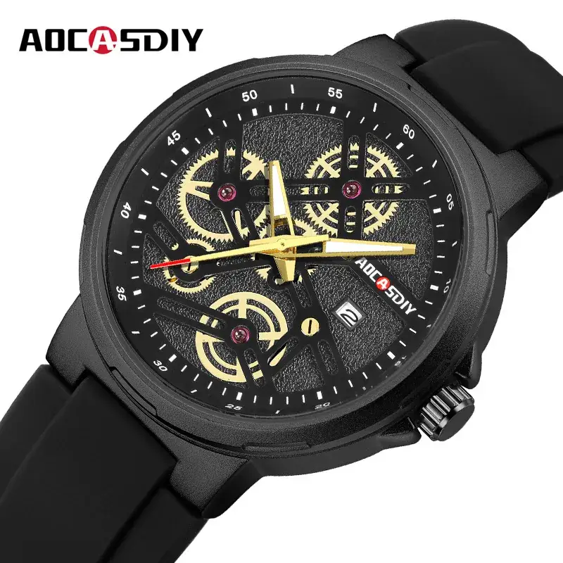 Men's Black Chronograph Watch with Luminous Gold Accents