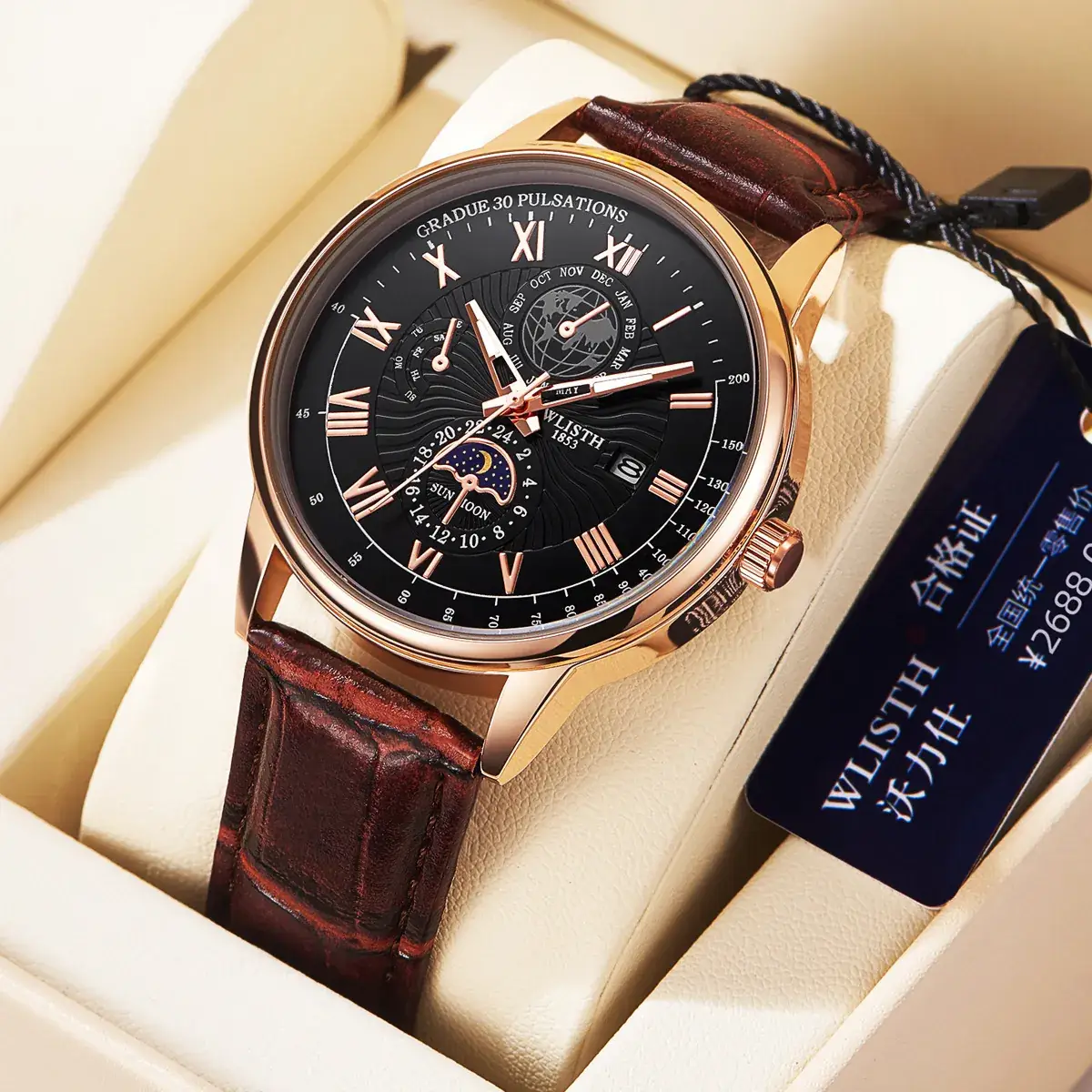 Men's Luxury Black Dial Chronograph Watch with Leather Strap - Image 5