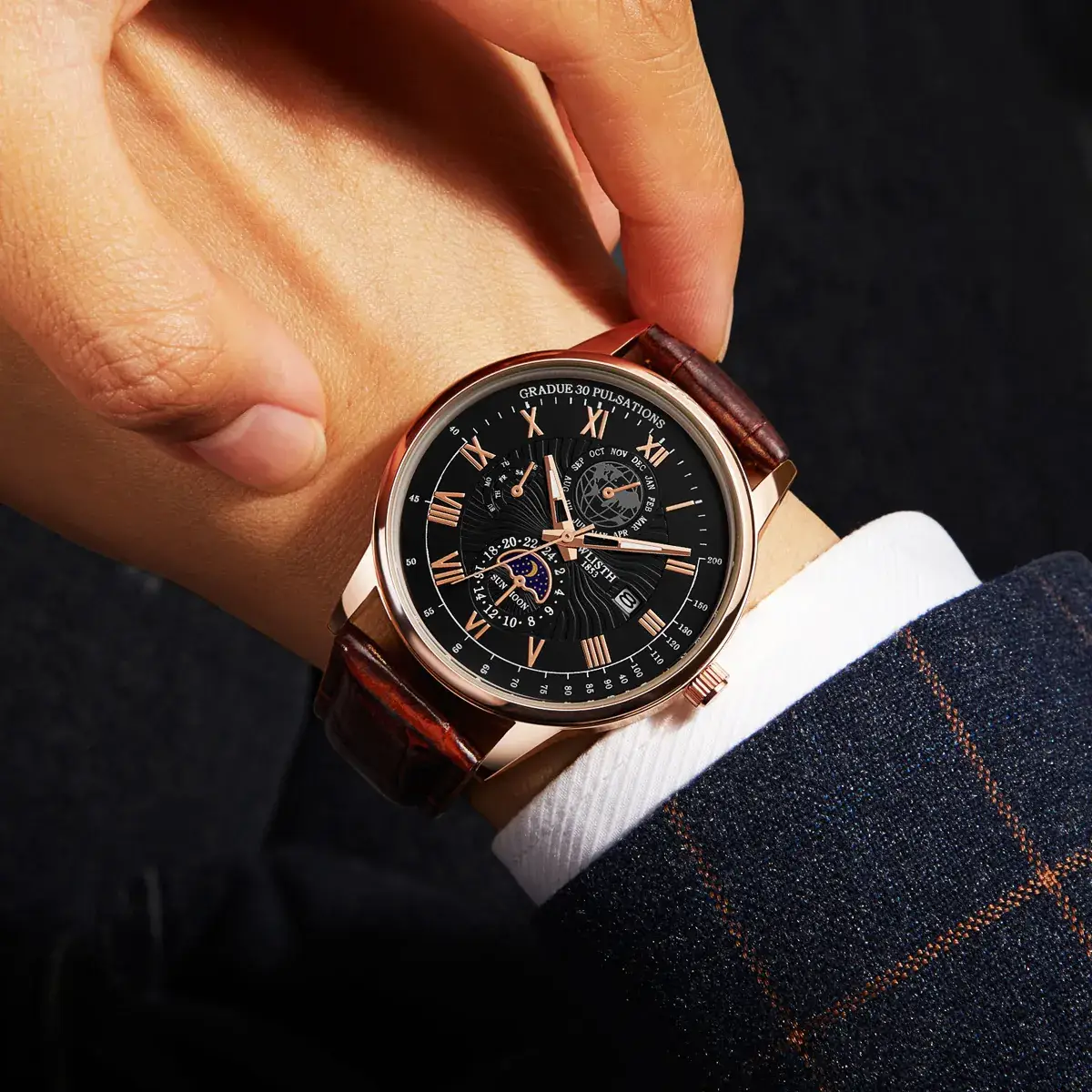 Men's Luxury Black Dial Chronograph Watch with Leather Strap - Image 6
