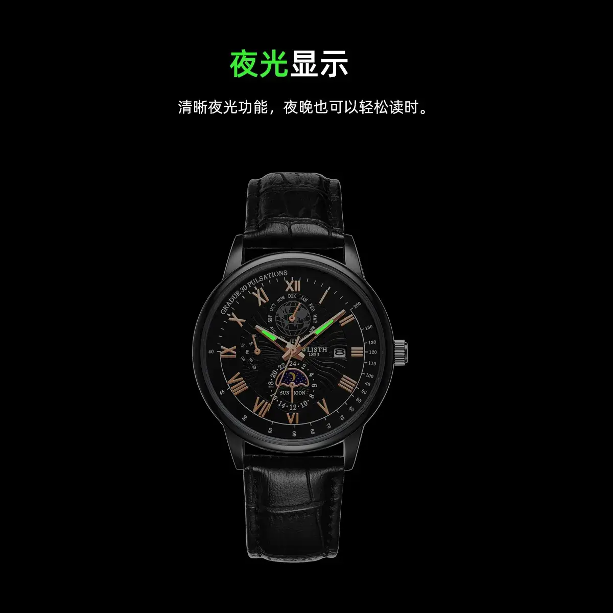 Men's Luxury Black Dial Chronograph Watch with Leather Strap - Image 8