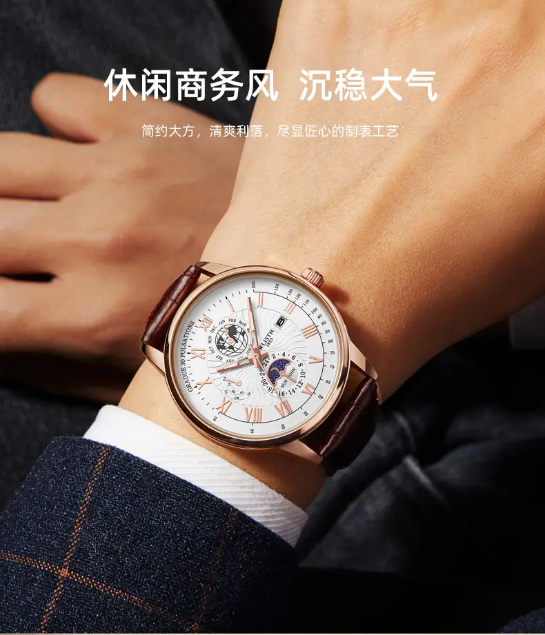 Men's Luxury Black Dial Chronograph Watch with Leather Strap — feature 14