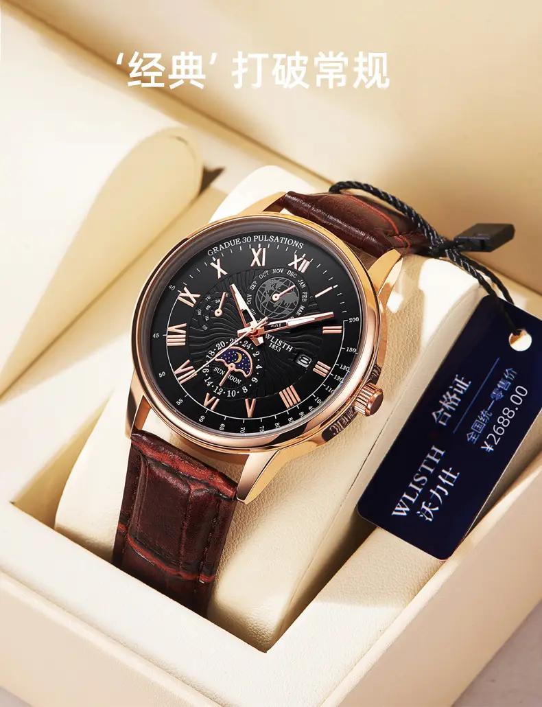 Men's Luxury Black Dial Chronograph Watch with Leather Strap — feature 2