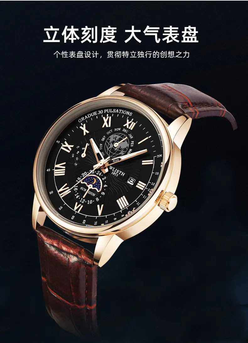 Men's Luxury Black Dial Chronograph Watch with Leather Strap — feature 3