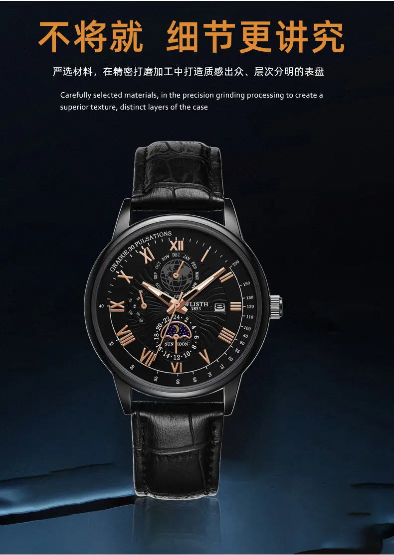Men's Luxury Black Dial Chronograph Watch with Leather Strap — feature 6