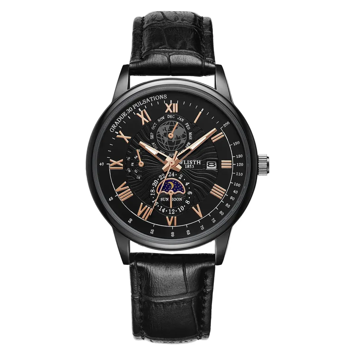 Men's Luxury Black Dial Chronograph Watch with Leather Strap - Image 3