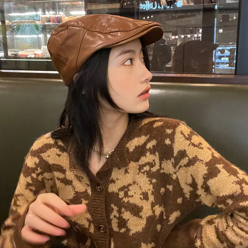 Korean Style Pu Leather Forward Hat for Women Brown - Image 5