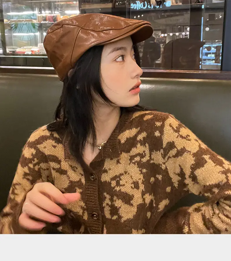 Korean Style Pu Leather Forward Hat for Women Brown — feature 2