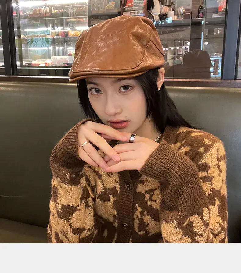 Korean Style Pu Leather Forward Hat for Women Brown — feature 3