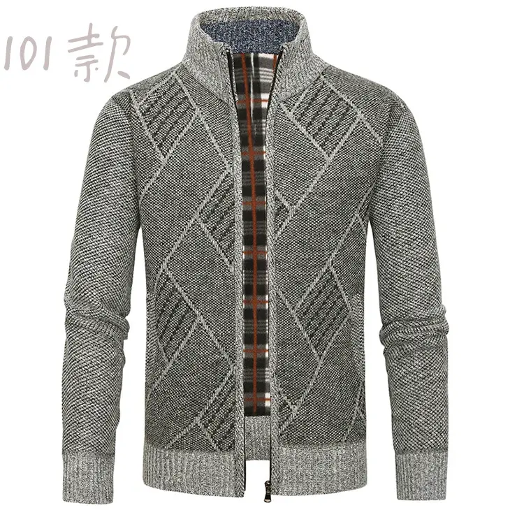 Men's New Zipper Cardigan Sweater Brown Plaid Coar - Image 10