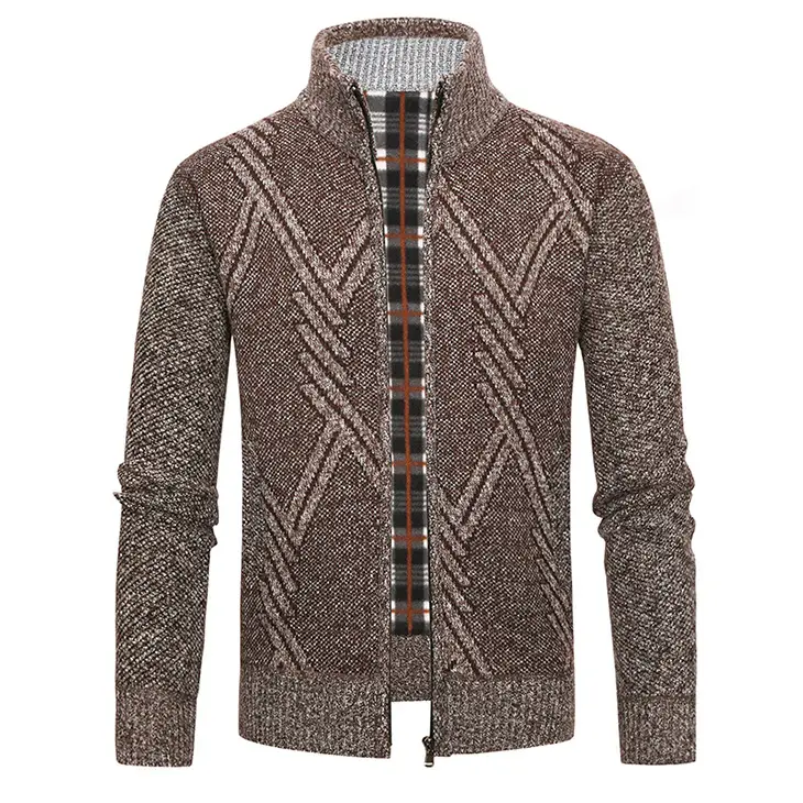 Men's New Zipper Cardigan Sweater Brown Plaid Coar - Image 11