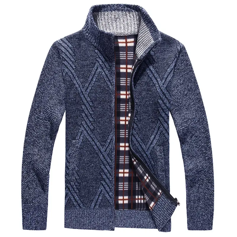 Men's New Zipper Cardigan Sweater Brown Plaid Coar - Image 12