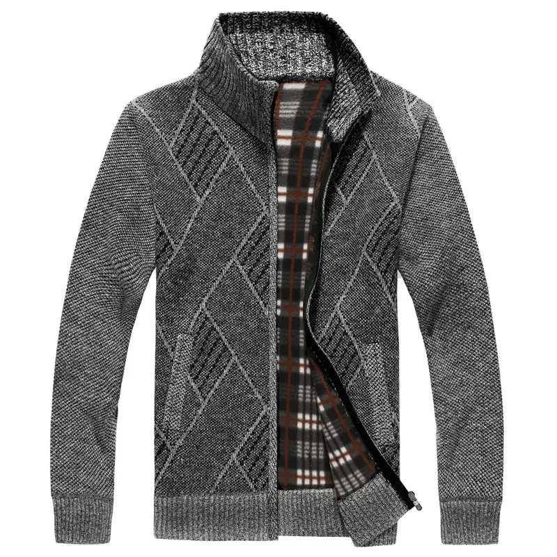 Men's New Zipper Cardigan Sweater Brown Plaid Coar - Image 13