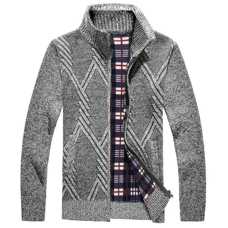 Men's New Zipper Cardigan Sweater Brown Plaid Coar — feature 13