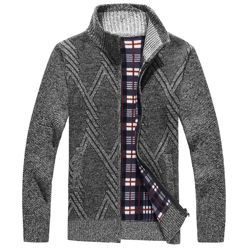 Men's New Zipper Cardigan Sweater Brown Plaid Coar — feature 14