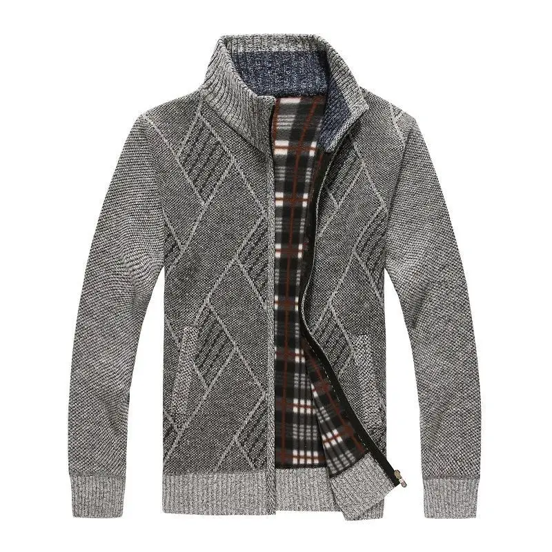 Men's New Zipper Cardigan Sweater Brown Plaid Coar — feature 15