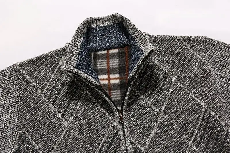 Men's New Zipper Cardigan Sweater Brown Plaid Coar — feature 17