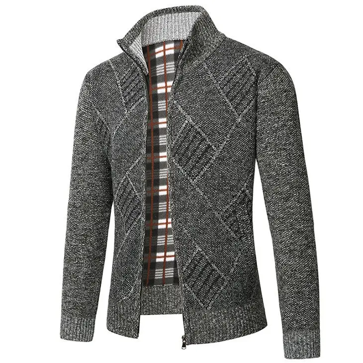 Men's New Zipper Cardigan Sweater Brown Plaid Coar — feature 2