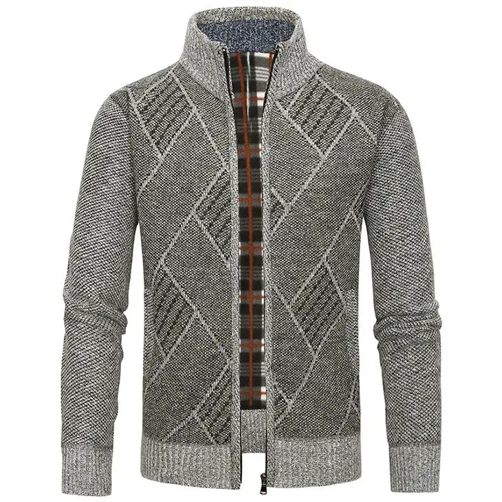 Men's New Zipper Cardigan Sweater Brown Plaid Coar — feature 3