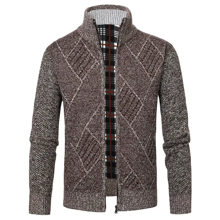 Men's New Zipper Cardigan Sweater Brown Plaid Coar — feature 5