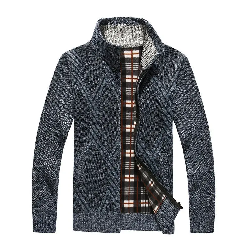 Men's New Zipper Cardigan Sweater Brown Plaid Coar — feature 6