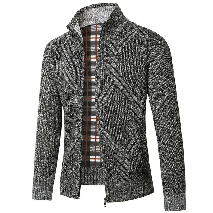 Men's New Zipper Cardigan Sweater Brown Plaid Coar — feature 7
