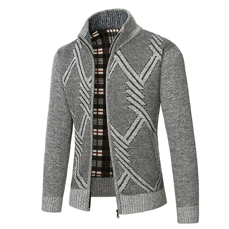 Men's New Zipper Cardigan Sweater Brown Plaid Coar — feature 8