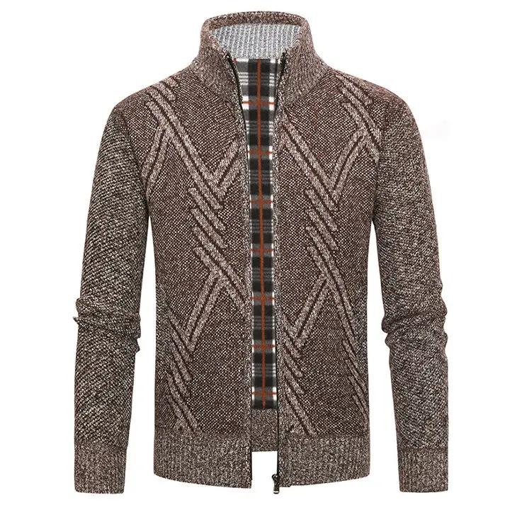 Men's New Zipper Cardigan Sweater Brown Plaid Coar — feature 9