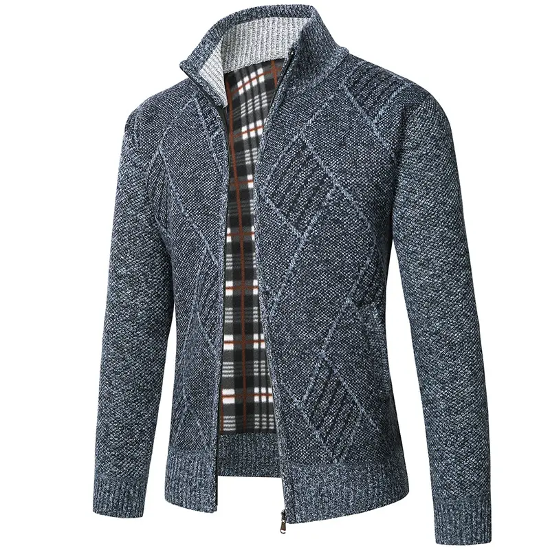 Men's New Zipper Cardigan Sweater Brown Plaid Coar - Image 3