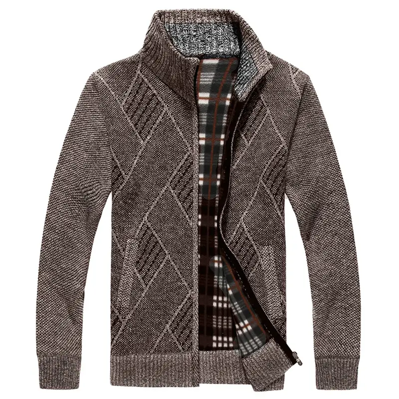 Men's New Zipper Cardigan Sweater Brown Plaid Coar - Image 4