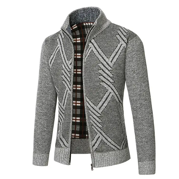 Men's New Zipper Cardigan Sweater Brown Plaid Coar - Image 5