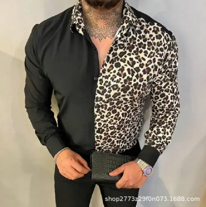 Men's 3D Leopard Print Long Sleeve Shirt Large - Image 5