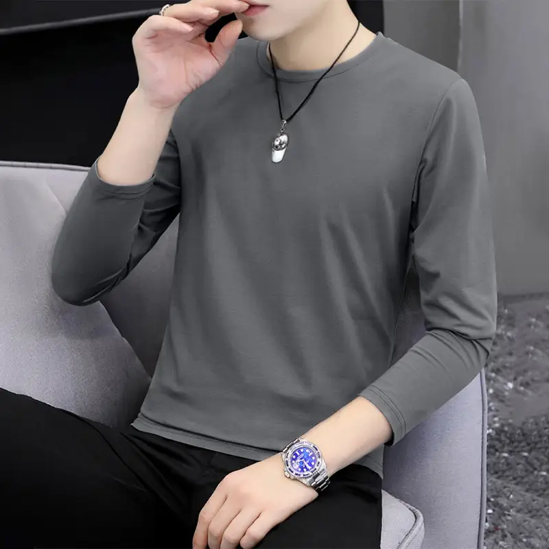 Men's Grey Cotton Long Sleeve T-Shirt Slim Fit All Season - Image 3