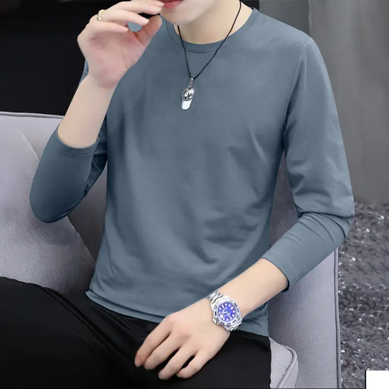 Men's Grey Cotton Long Sleeve T-Shirt Slim Fit All Season - Image 5