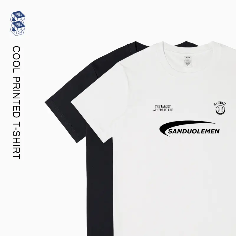 Men Black T-Shirt American Style Print Short Sleeve Cotton
