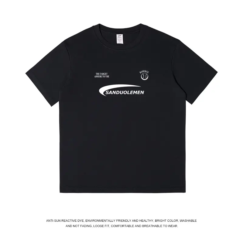Men Black T-Shirt American Style Print Short Sleeve Cotton