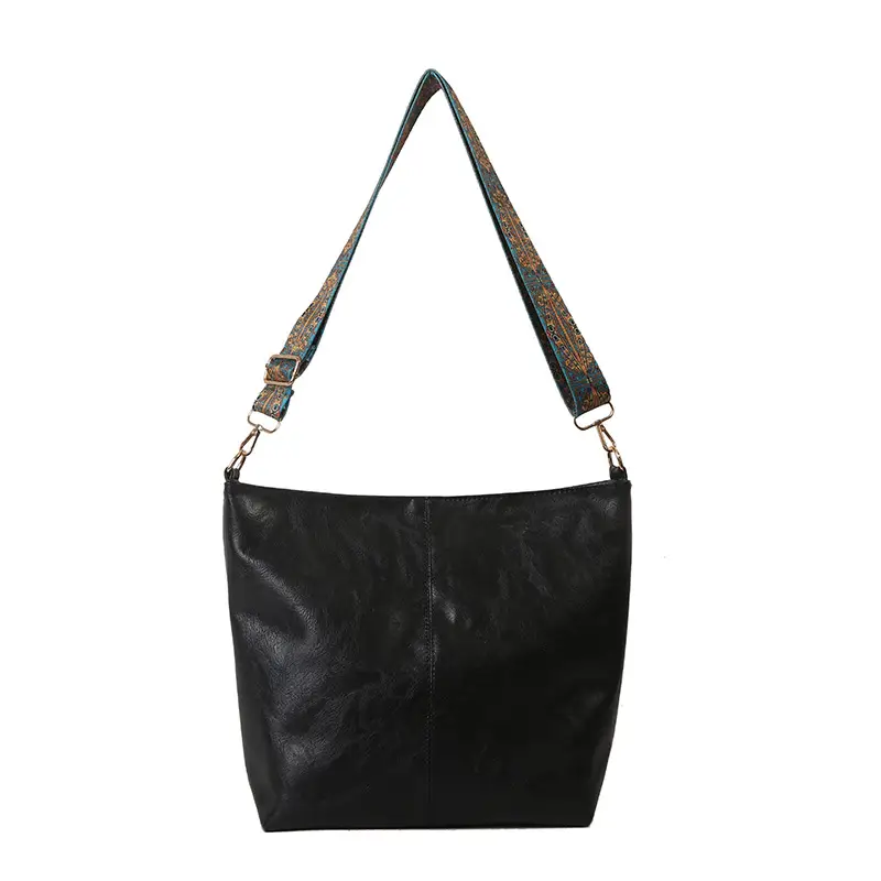 Black Leather Shoulder Bag with Wide Strap for Women 2023 - Image 9