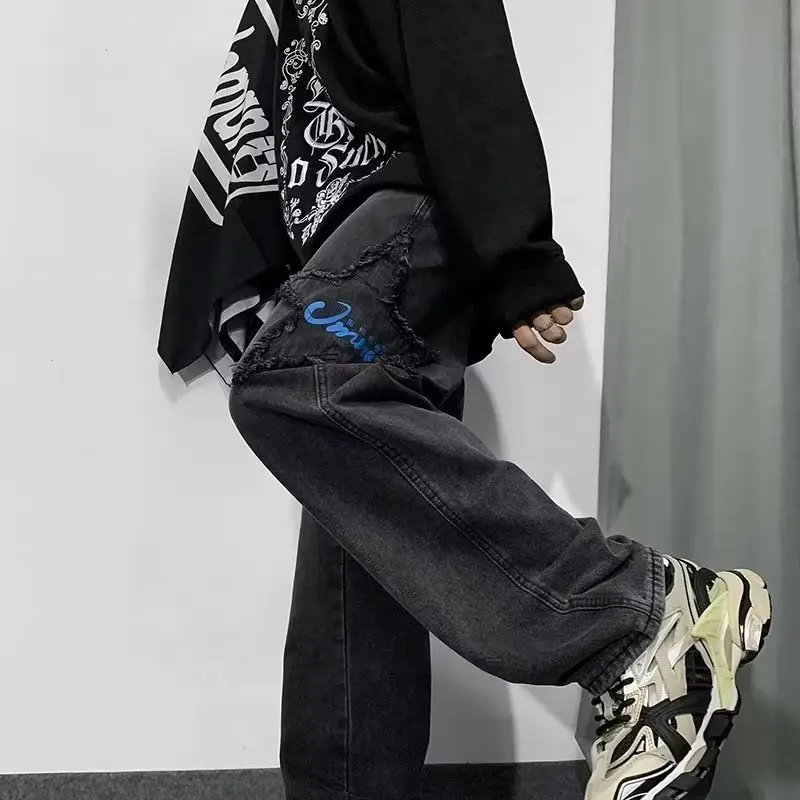 Men Black Cotton Jogger Pants Straight Star Casual Pants